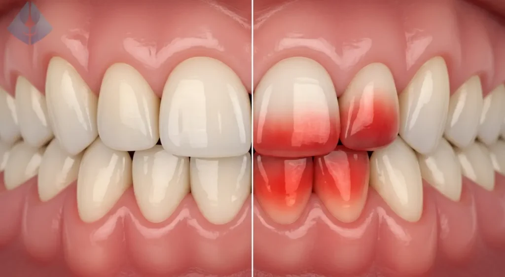 Comparación de encías sanas y encías inflamadas por enfermedad periodontal relacionada con la diabetes.
