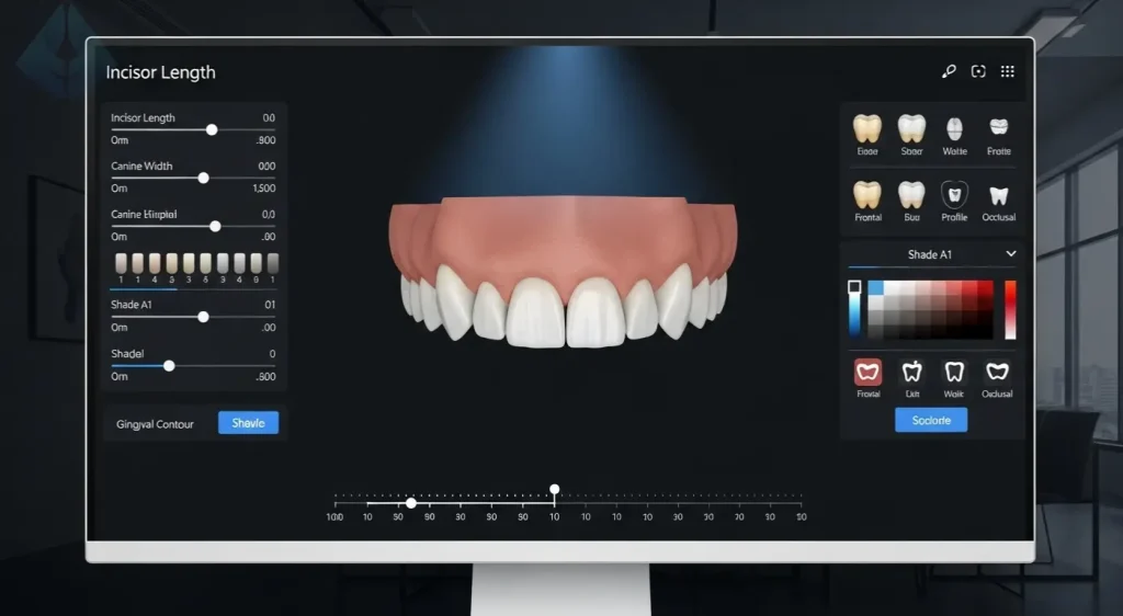 Pantalla de software mostrando la simulación 3D de un diseño de sonrisa digital para un tratamiento de carillas