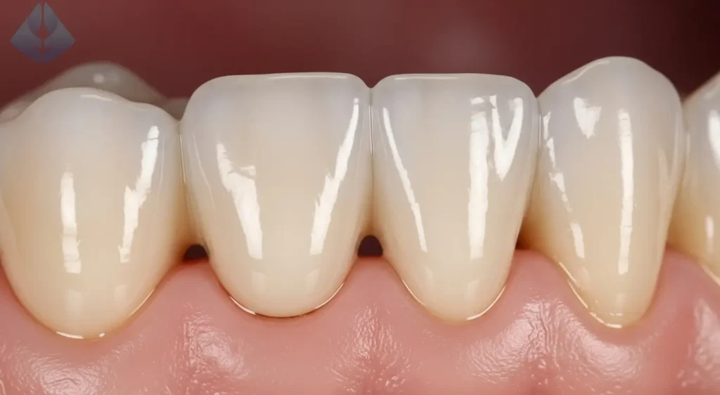 Primer plano de una corona de porcelana siendo colocada sobre un diente para una restauración dental.