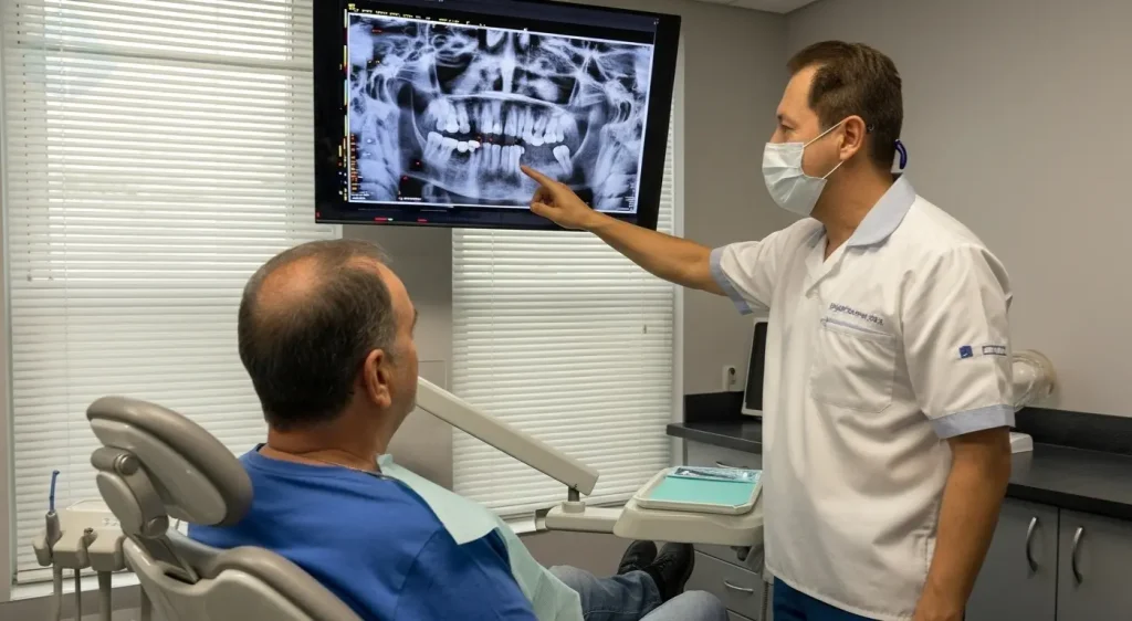 El Dr. Aristo Carranza explicando los beneficios a largo plazo de los implantes dentales a un paciente en Westfield, NJ.