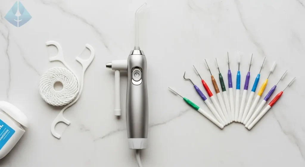 Variedad de herramientas para la limpieza interproximal, incluyendo hilo dental, irrigador bucal y cepillos interdentales