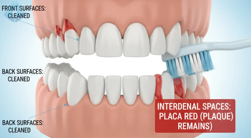 Gráfico dental que ilustra la importancia de la limpieza interproximal para eliminar la placa que el cepillado no alcanza