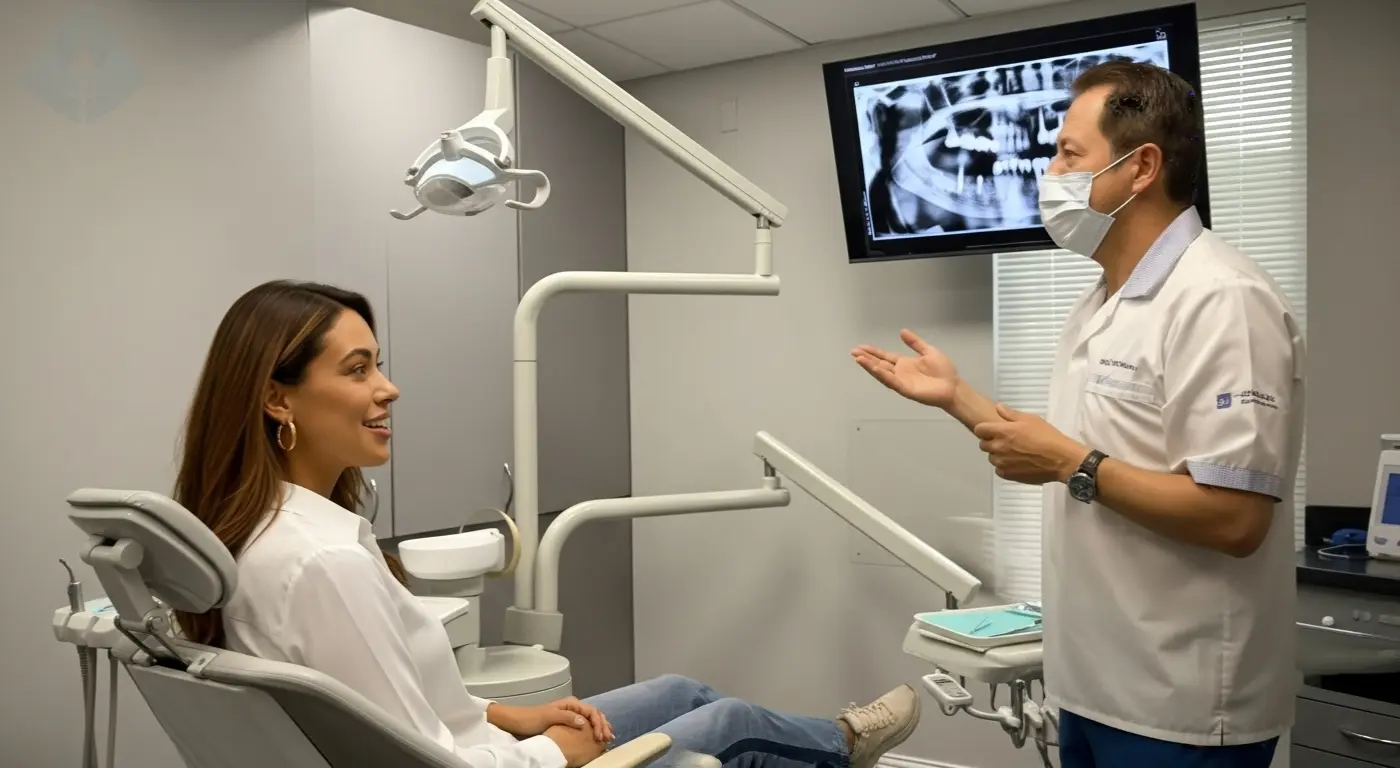 Paciente discutiendo el cuidado de sus carillas de porcelana con el Dr. Aristo Carranza en su clínica de Westfield, NJ.