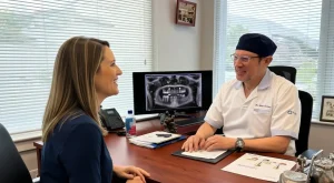 Paciente discutiendo la preparación mental para la extracción de muelas del juicio con el Dr. Aristo Carranza.
