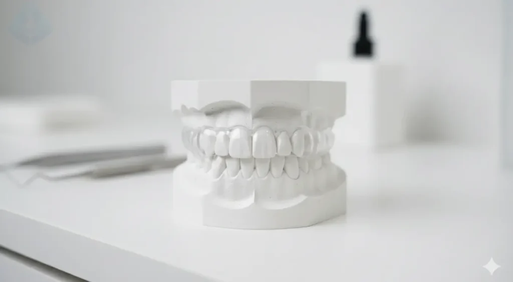 Férula oclusal a medida para proteger las carillas de porcelana del bruxismo y el rechinamiento nocturno.