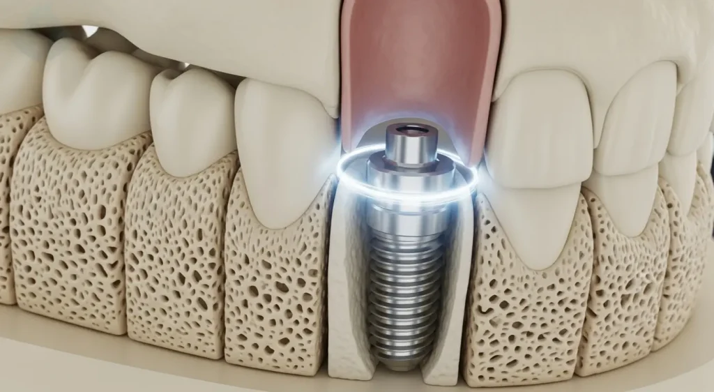 Modelo 3D de un implante dental mostrando su correcta integración en el hueso maxilar en nuestra clínica de Westfield, NJ