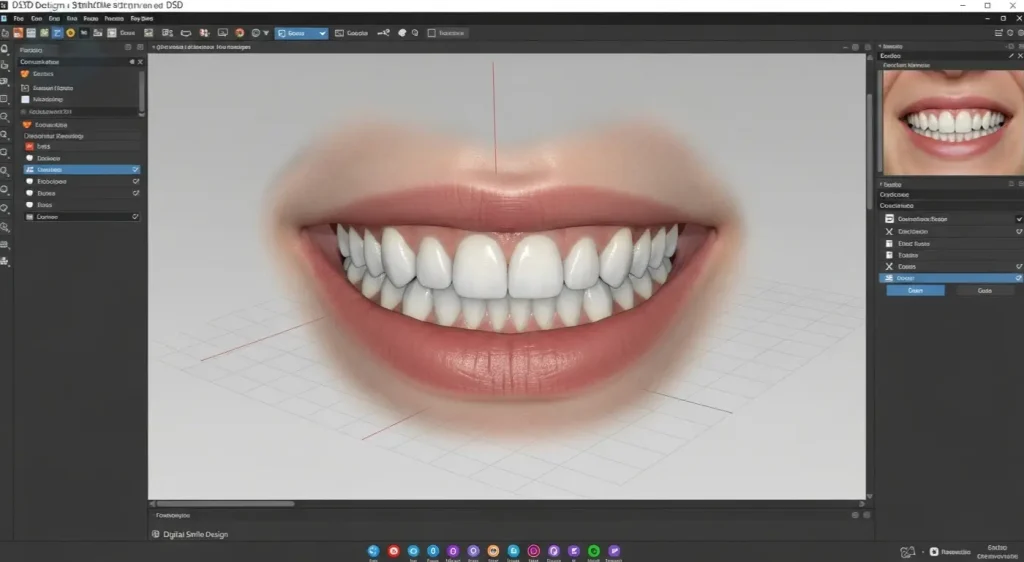 Software de Diseño de Sonrisa Digital mostrando la simulación 3D antes y después de un tratamiento dental cosmético