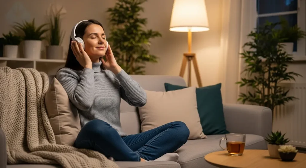 Mujer usando técnicas de relajación en casa antes de su cirugía de muelas del juicio.