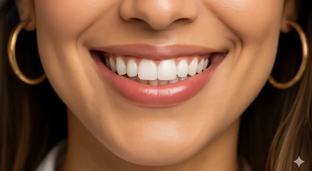 Detalle de una sonrisa perfecta después de un tratamiento de carillas de porcelana, demostrando un cuidado dental adecuado.