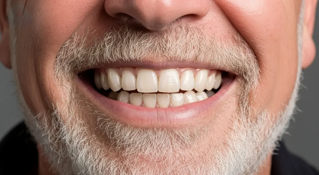 Primer plano de una sonrisa perfecta con carillas de porcelana, destacando la importancia del cuidado de carillas por la noche.