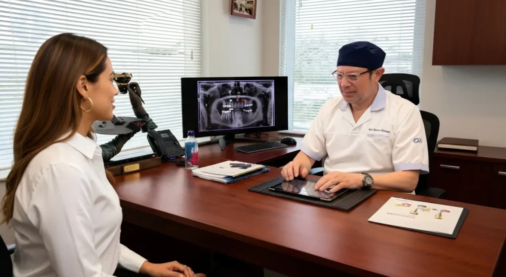 El Dr. Aristo Carranza en su consulta de Westfield, NJ, explicando un plan de tratamiento de higiene bucal a un paciente adulto.