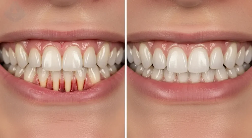 Comparación de una sonrisa con recesión gingival y la misma sonrisa después de un tratamiento con carillas de porcelana.