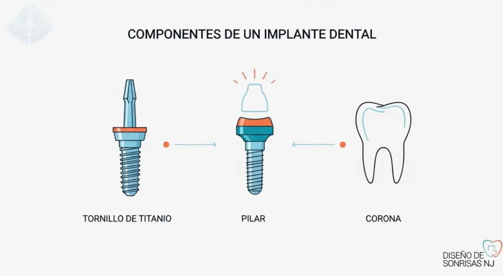 Infografía mostrando las tres partes de un implante dental: tornillo, pilar y corona, clave para su duración real en Westfield.