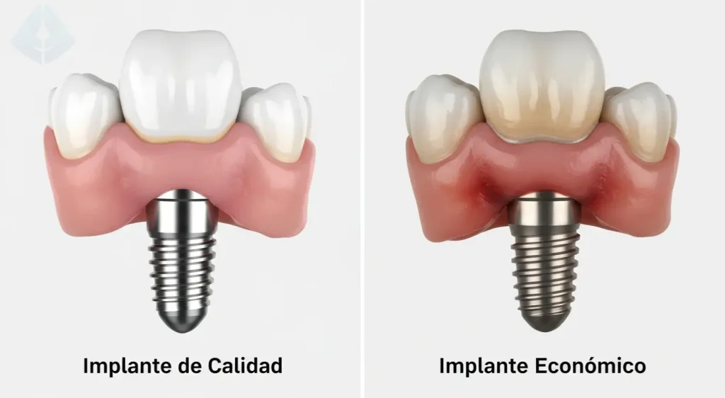 Comparativa visual entre un implante dental de calidad y uno económico, destacando los riesgos y la diferencia en durabilidad.