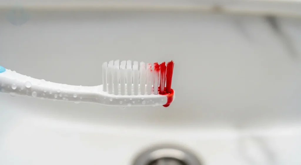 Cepillo de dientes con sangre, una señal silenciosa de gingivitis que requiere una revisión dental inmediata.