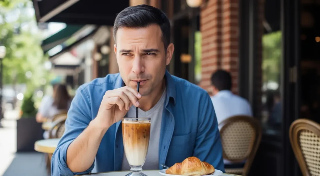 Un hombre sintiendo una punzada de sensibilidad dental, uno de los peligros de las caries silenciosas.