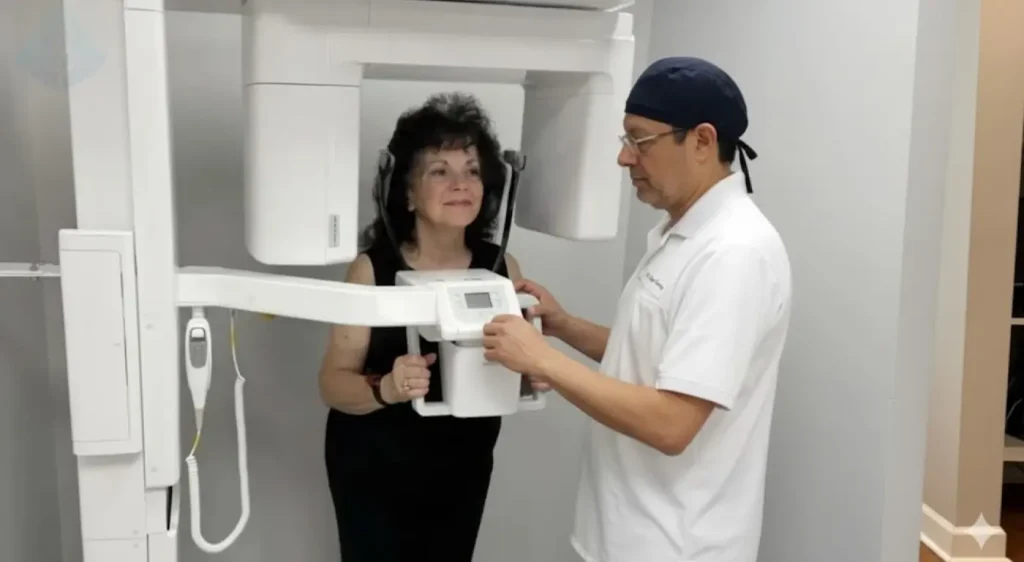 El Dr. Aristo Carranza utilizando tecnología 3D para planificar la colocación de un implante dental, un factor clave en su costo y durabilidad en Westfield, NJ.