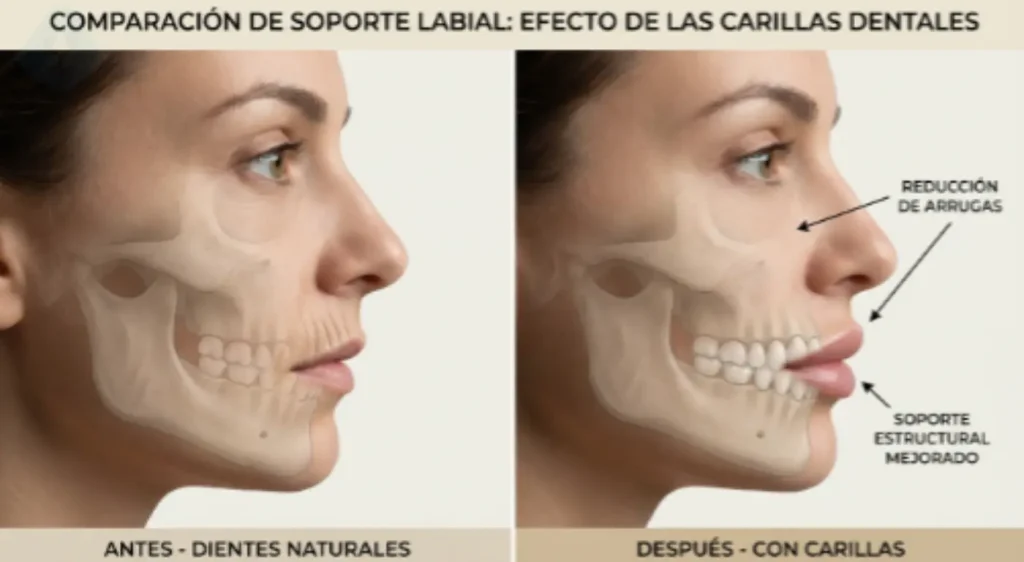 Ilustración de cómo las carillas de porcelana para mejorar el perfil facial aportan soporte al labio.