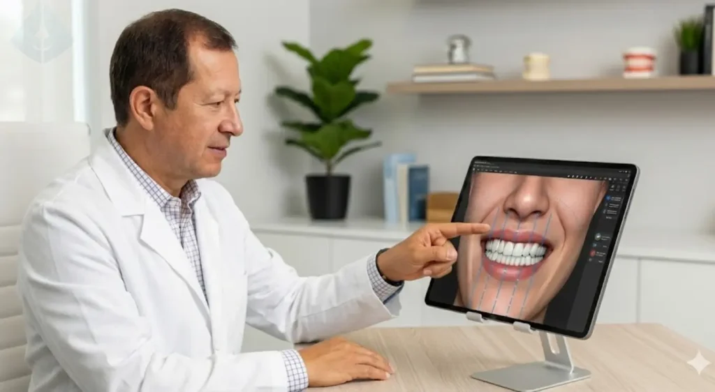 Dr Carranza realizando un diseño de sonrisa digital DSD aspecto natural en tablet.