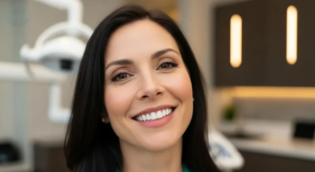 Mujer feliz mostrando su diseño de sonrisa y armonización facial en Westfield NJ tras tratamiento con carillas.