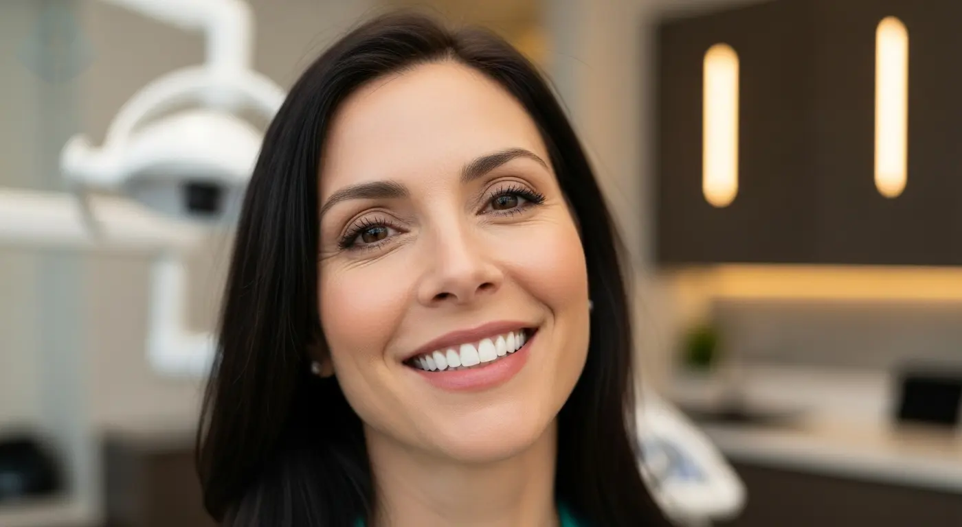 Mujer feliz mostrando su diseño de sonrisa y armonización facial en Westfield NJ tras tratamiento con carillas.