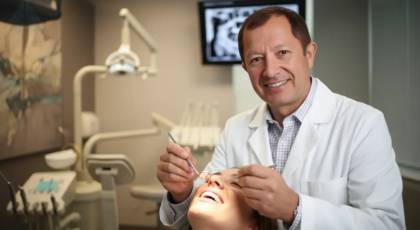 Dr. Aristo Carranza examinando carillas de porcelana en paciente en Diseño de Sonrisas NJ