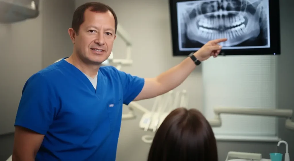 Dr. Aristo Carranza revisando radiografía para extracción muelas del juicio en Diseño de Sonrisas NJ