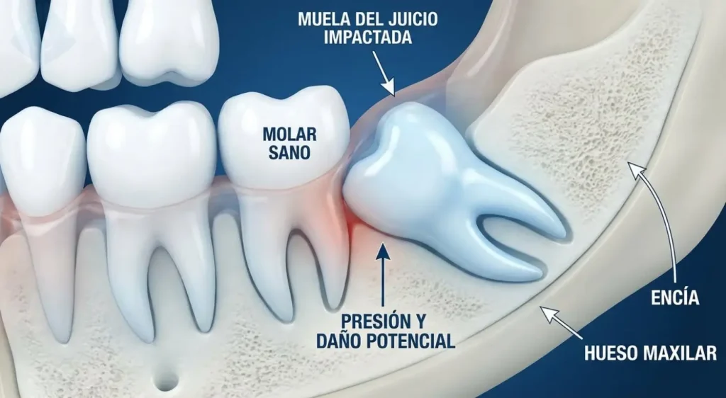 Diagrama médico mostrando muelas del juicio impactadas presionando dientes vecinos