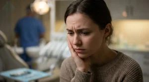 Mujer joven experimentando dolor de muelas intenso necesitando extracción muelas del juicio