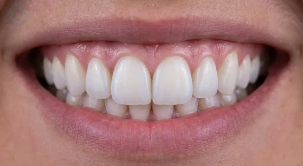Sonrisa alineada y brillante libre de apiñamiento dental estética tras tratamiento