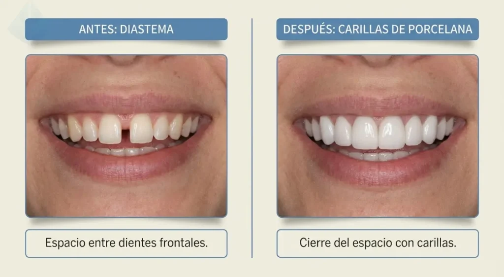 Comparación visual antes y después de cerrar espacios en dientes de adultos
