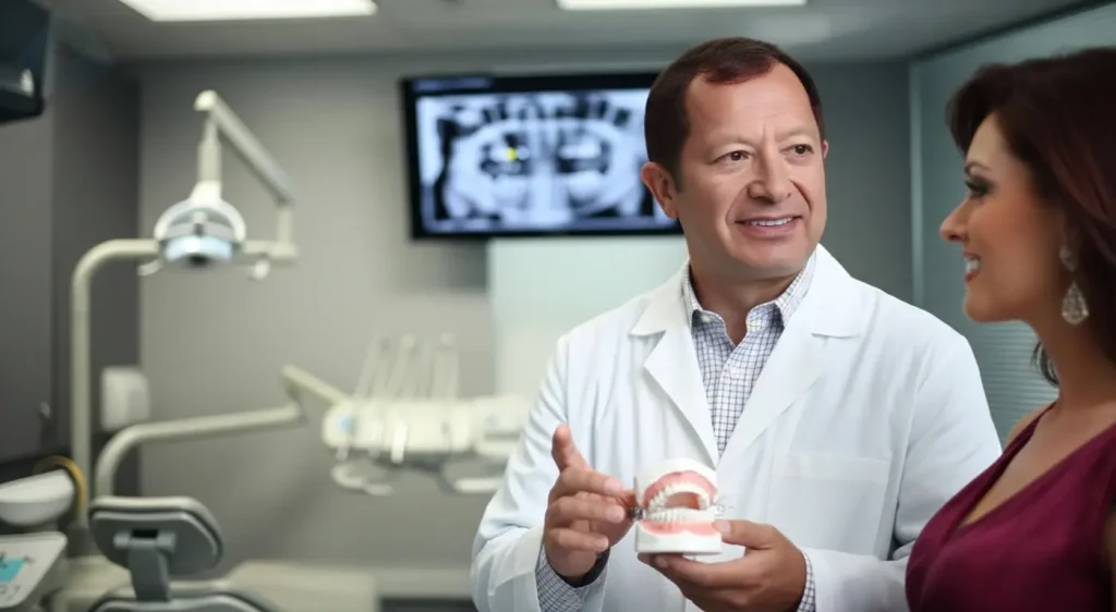 Dr. Aristo Carranza explicando el proceso de carillas de porcelana a un paciente