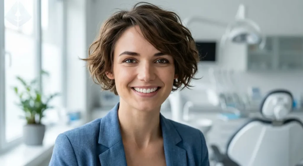 Mujer sonriendo confiada tras cerrar diastemas con carillas en Westfield NJ