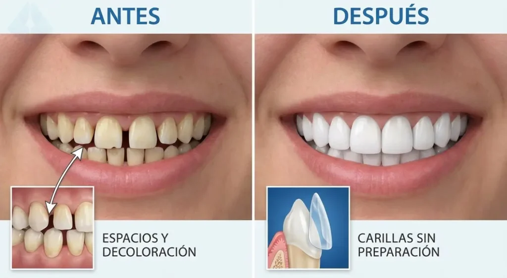 Transformación antes y después usando carillas sin desgaste dental para cerrar espacios