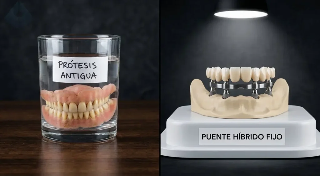 Comparación visual entre dentadura postiza removible e Implantes Dentales All-on-4 fijos