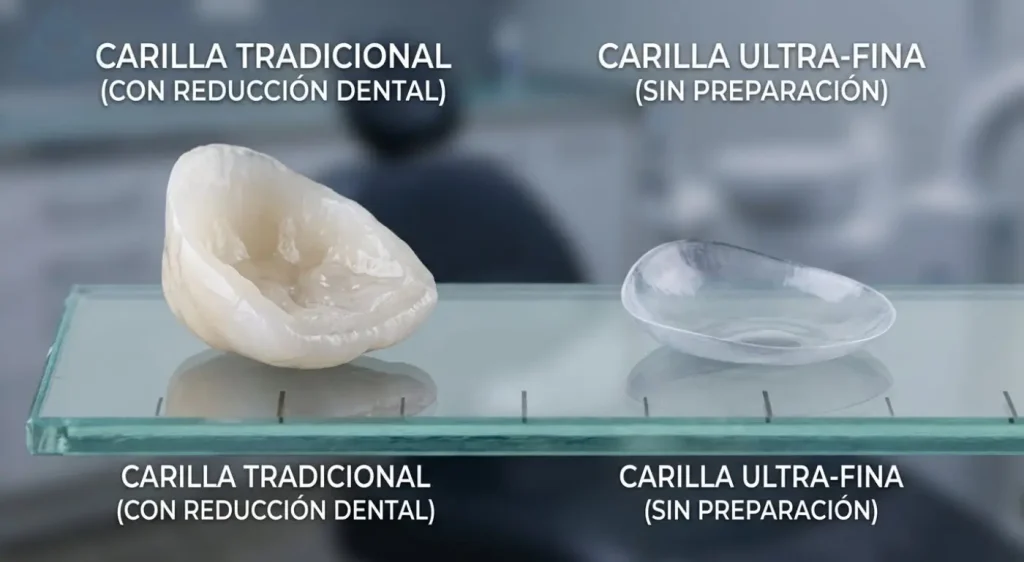 Comparación visual de grosor entre carillas tradicionales y carillas sin desgaste dental