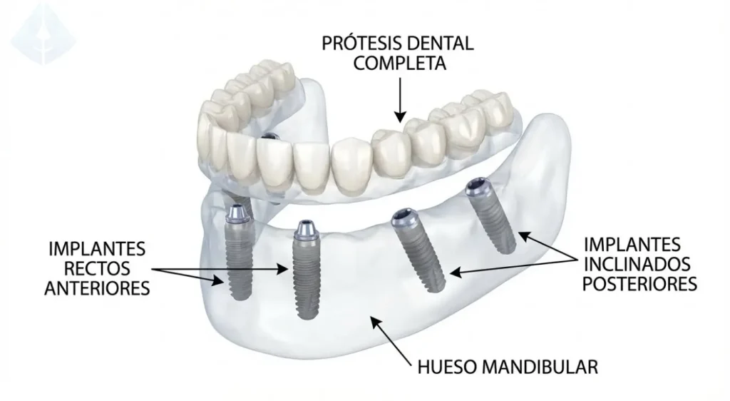 Esquema técnico de cómo funcionan los Implantes Dentales All-on-4 en la mandíbula