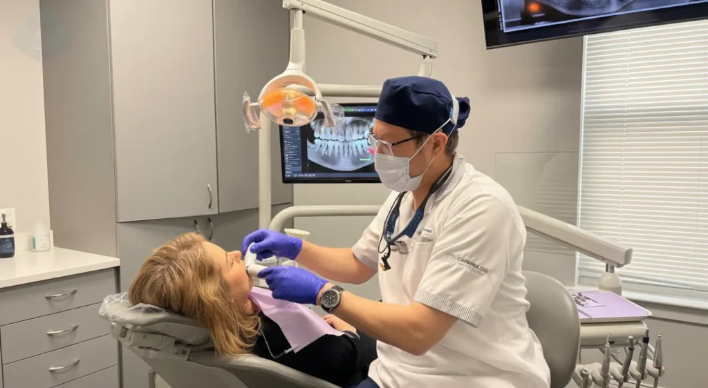 Dr Aristo Carranza realizando una evaluación para carillas sin desgaste dental