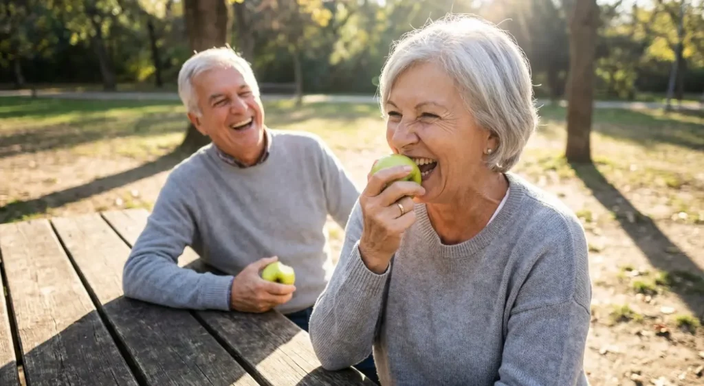 Mujer mayor comiendo manzana sin problemas con sus Implantes Dentales All-on-4