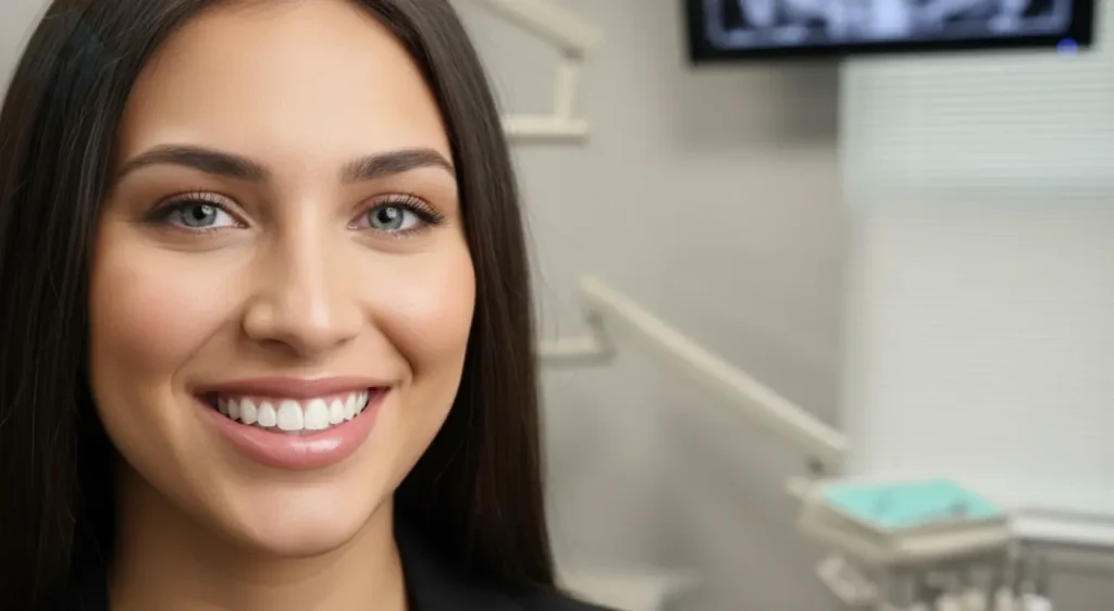 Paciente feliz mostrando sus carillas sin desgaste dental en consultorio de Westfield NJ